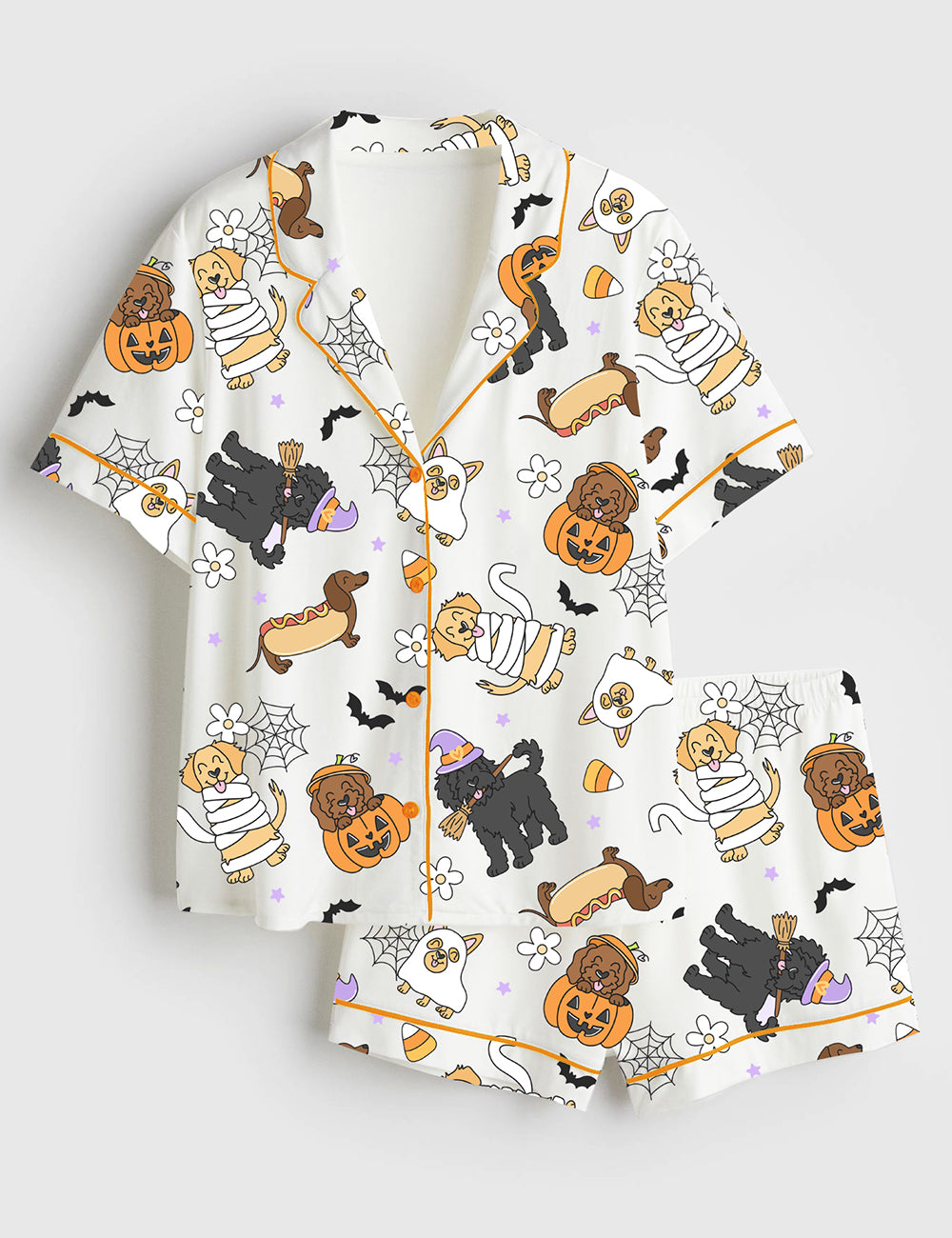 Women’s Cute Halloween Dogs Spooky Halloween Pumpkin Just A Spooky Paw Print Short Sleeve Satin Pajama Set