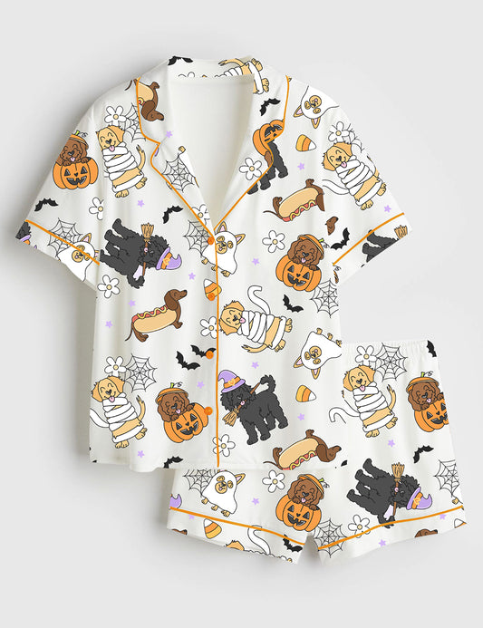Women’s Cute Halloween Dogs Spooky Halloween Pumpkin Just A Spooky Paw Print Short Sleeve Satin Pajama Set