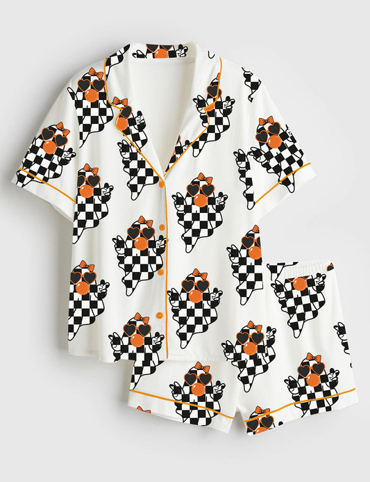 Women’s Spooky Ghost Say Hi Plaid Ghost Halloween Short Sleeve Satin Pajama Set