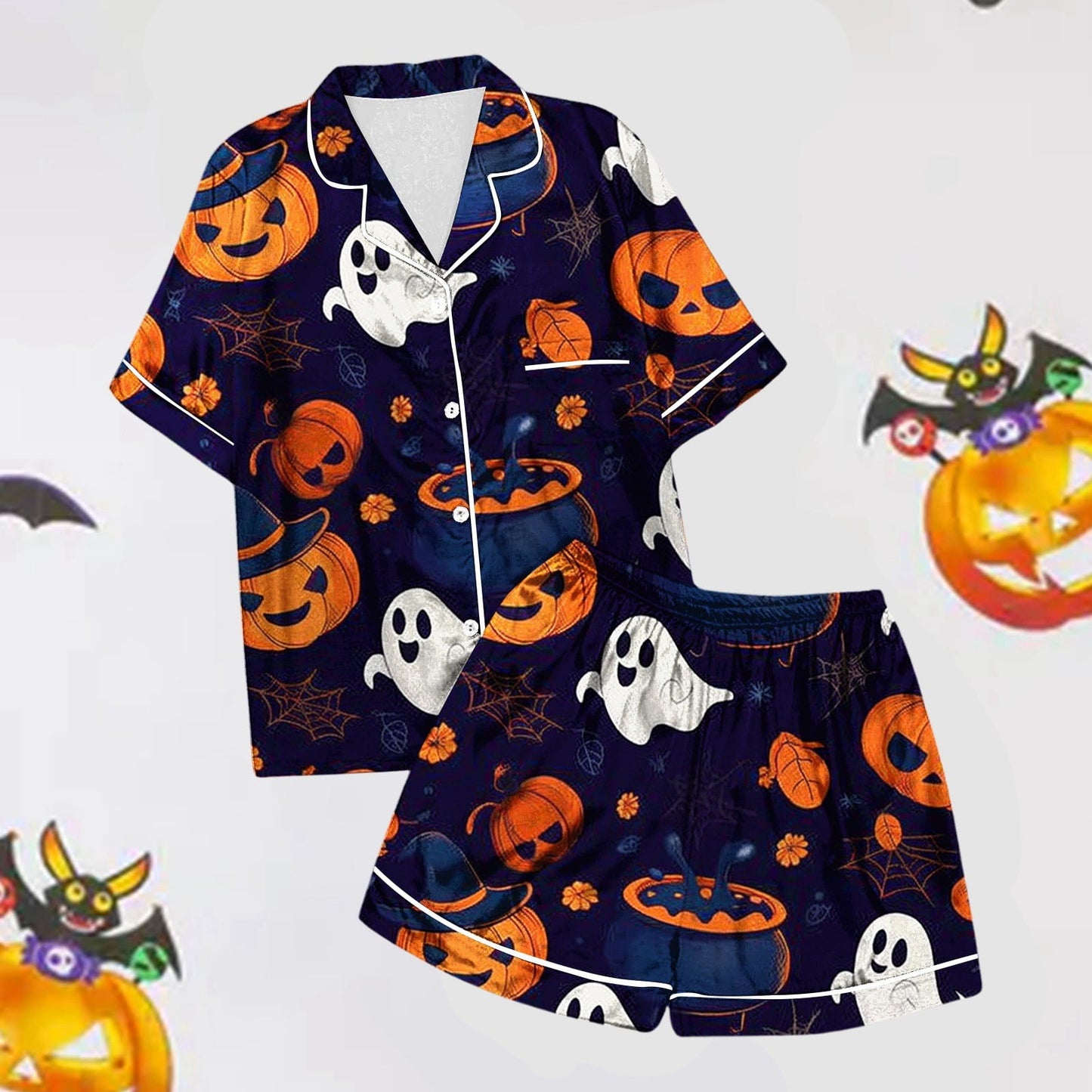 SHITINN Halloween Pajamas Women 2 Piece Silk Pjs Women Halloween Womens Button Down Pajama Sets with Shorts Womens Loungewear Pajama Pants Women Set