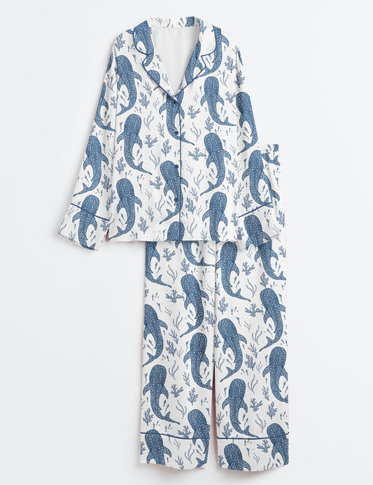 Women’s Whale Shark Beachy Long Sleeve Satin Pajama Set