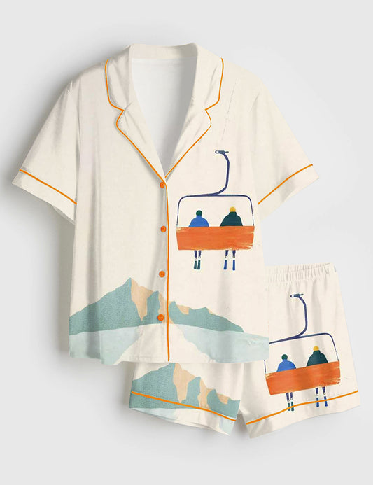 Women’s Winter Mountain Skiing Chairlift Skiers On Chairlift Short Sleeve Satin Pajama Set