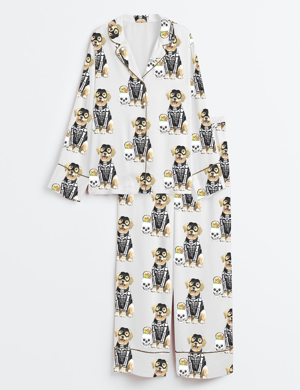 Women’s Skeleton Puppy Wearing Mask Halloween Dog Long Sleeve Satin Pajama Set