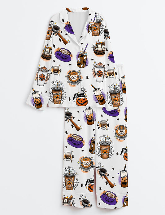 Women’s Halloween Coffee Long Sleeve Satin Pajama Set