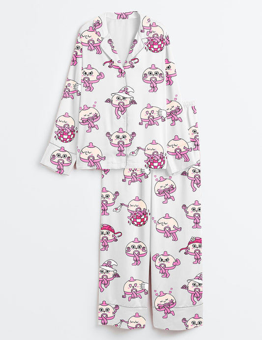 Women’s Breast Cute Cartoon Breast Cancer Awareness Pink Ribbon Pink Bow Print Long Sleeve Satin Pajama Set