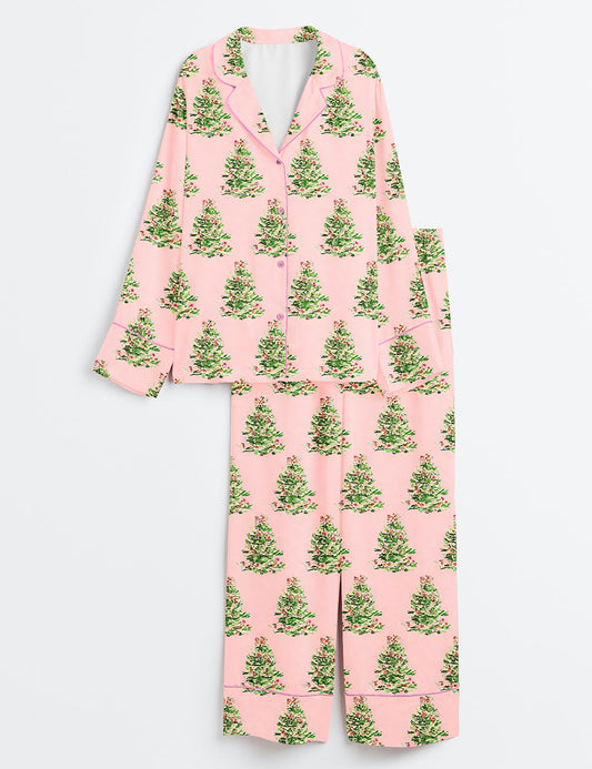 Women’s Christmas Tree Pink Long Sleeve Satin Pajama Set