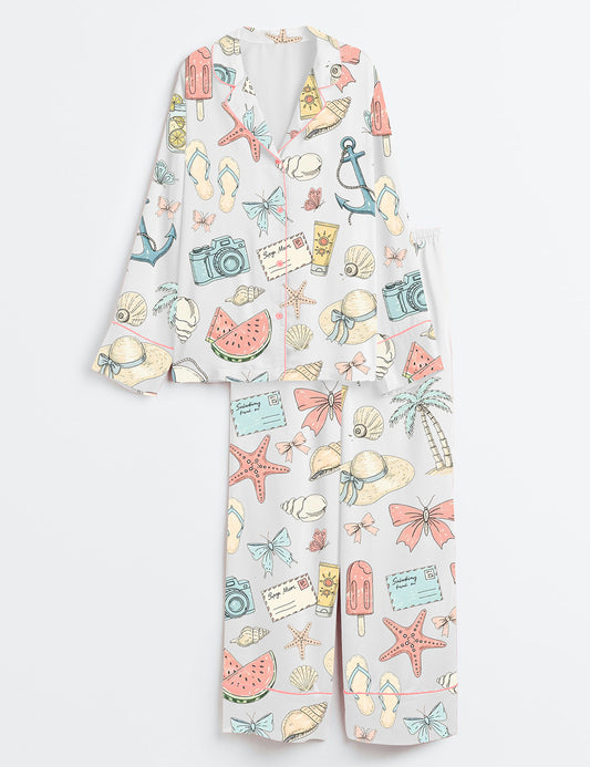 Women’s Coastal Coquette Seashell Summer Vibes Beach Print Long Sleeve Satin Pajama Set