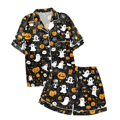 SHITINN Halloween Pajamas Two Piece Silk Pijamas Women Set Halloween Printed Button Up Pajamas for Women Short Sets Loungewear for Women Halloween Womens Pjs