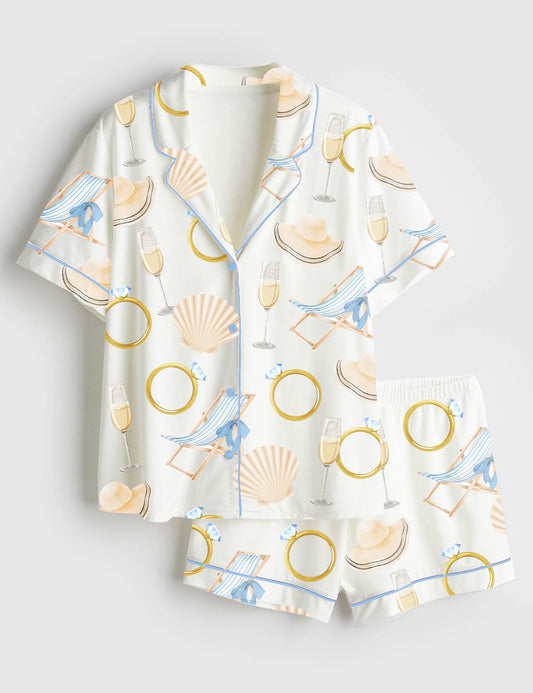 Women’s Last Toast On The Coast Bachelorette Summer Beach Print Short Sleeve Satin Pajama Set