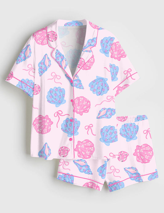 Women’s Coquette Seashells Retro Summer Beach Vintage Vibes Print Short Sleeve Satin Pajama Set