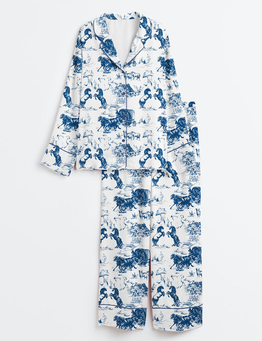 Women’s Vintage Ranch Life American Wild West Horse Racing Western Cowboys Life Print Long Sleeve Satin Pajama Set