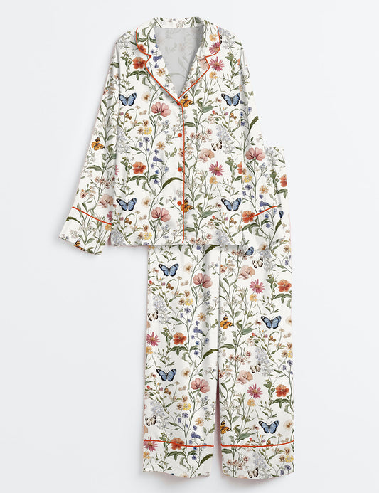 Women’s Wildflower Butterfly Vintage Spring Wildflower Print Long Sleeve Satin Pajama Set