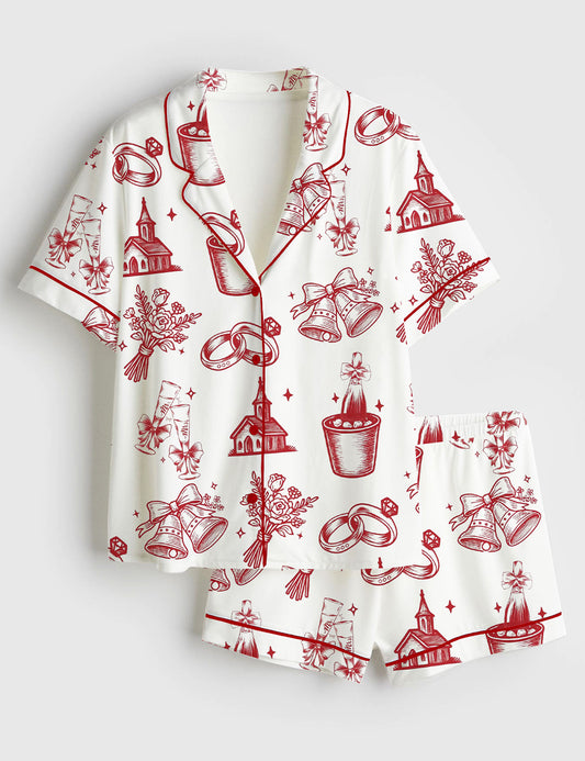 Women’s Going to the Chapel Wedding Party Champagne Short Sleeve Satin Pajama Set