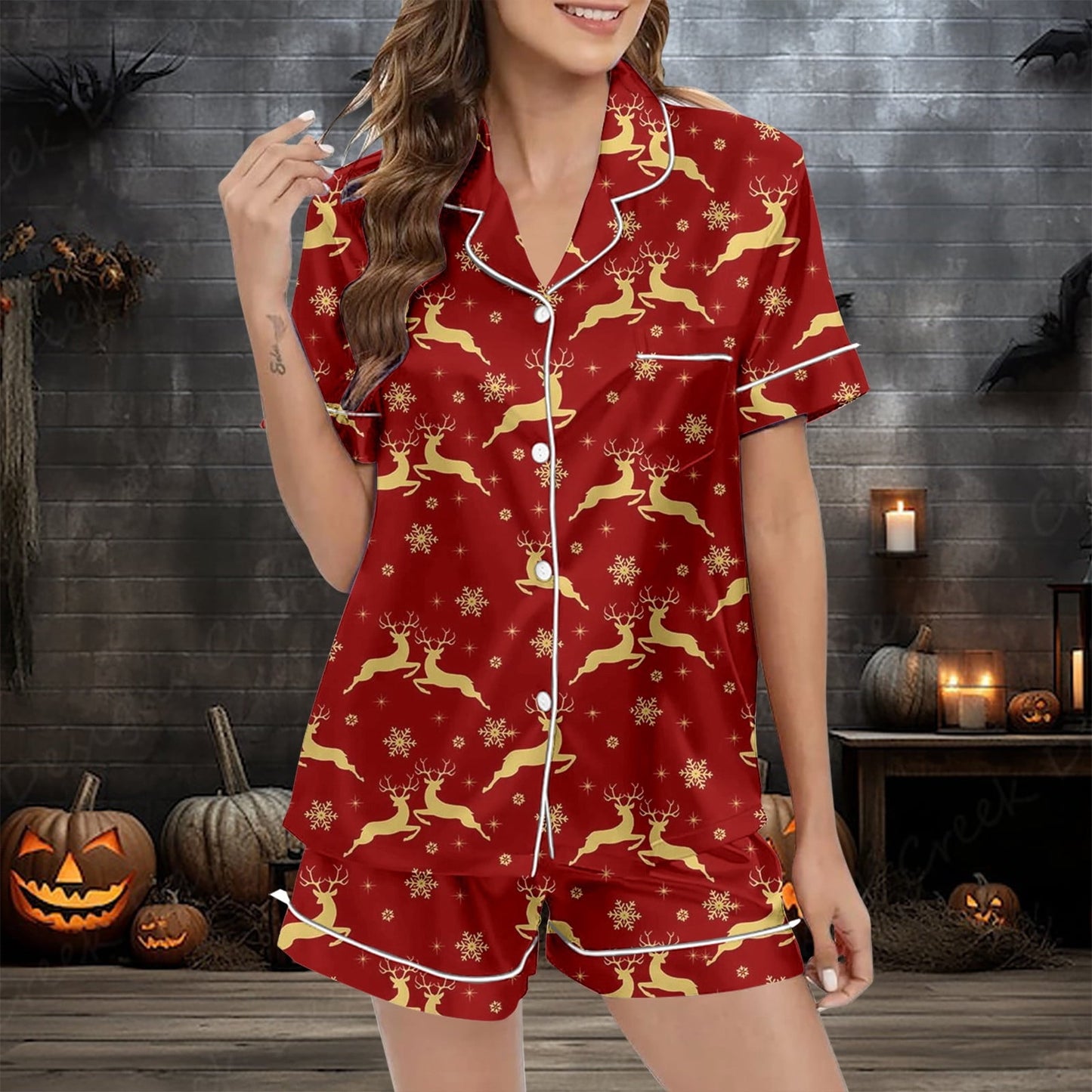 Womens Pajama Sets Ladies Christmas Reindeer Print Silk Satin Short Sleeved Button Up Set Wine Women's Sleepwear L