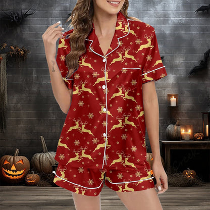 Womens Pajama Sets Ladies Christmas Reindeer Print Silk Satin Short Sleeved Button Up Set Wine Women's Sleepwear L