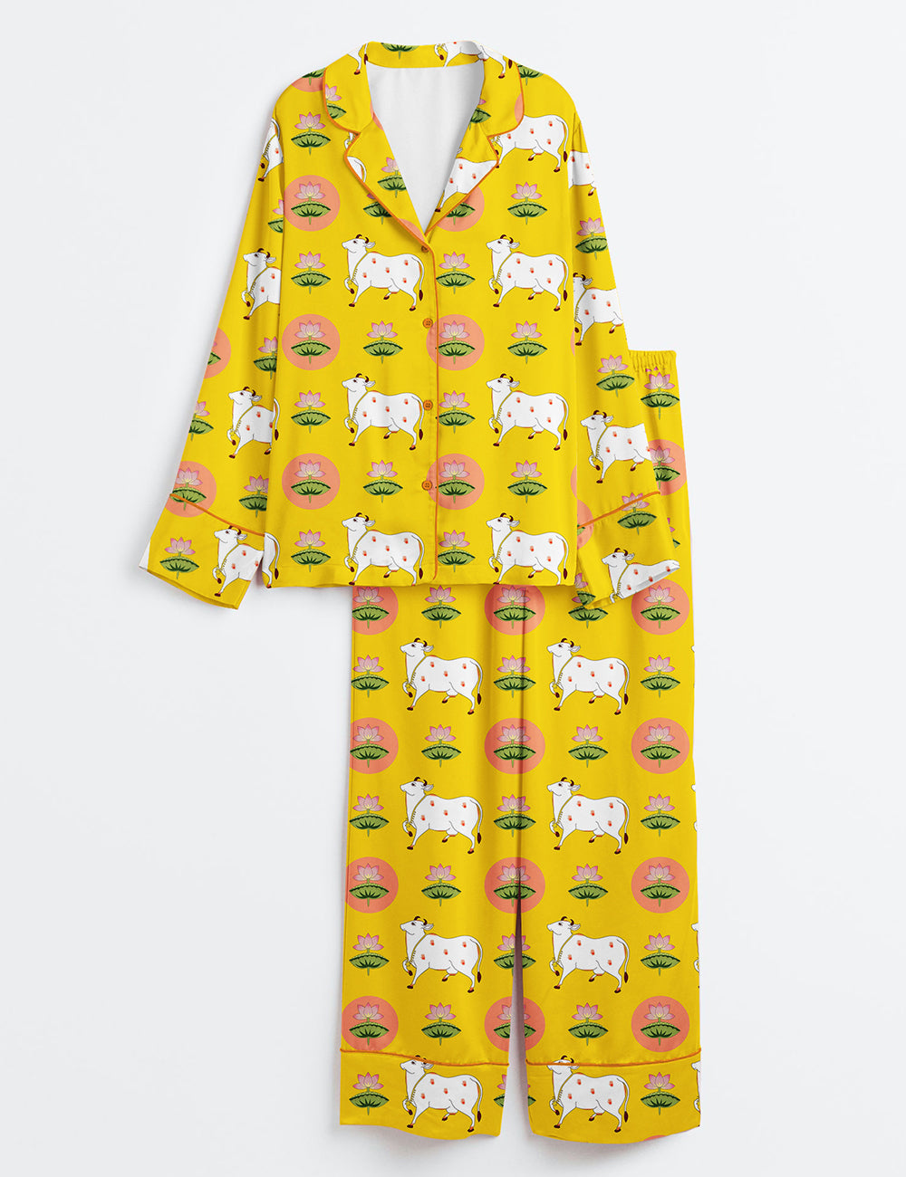 Women’s Yellow Cow Lotus Pichwai Print Indian Style Long Sleeve Satin Pajama Set