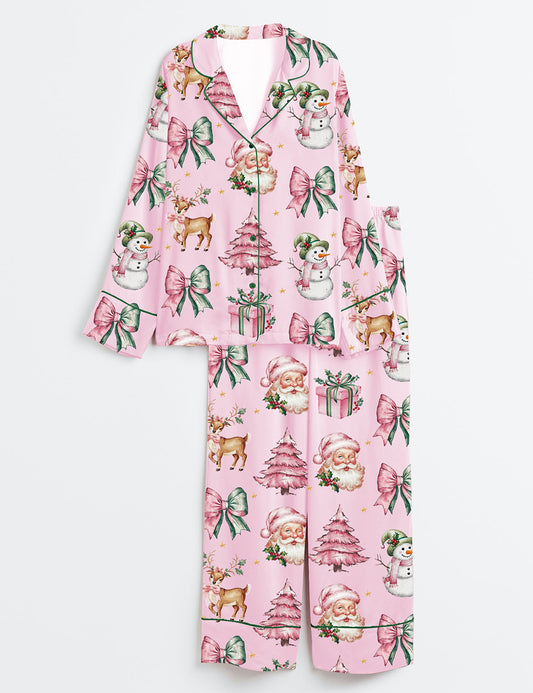 Women’s Coquette Pink Christmas Wicked Santa Long Sleeve Satin Pajama Set