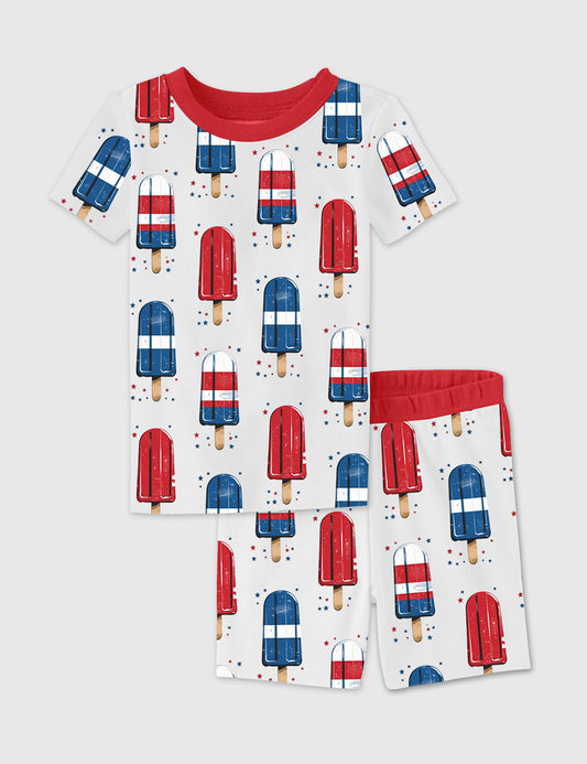 Kid's Red White Blue Patriotic Party Popsicles Pop 4th Of July Short Sleeve Pajama Set