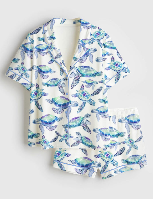 Women’s Sea Turtles Summer Sea Life Animal Print Short Sleeve Satin Pajama Set