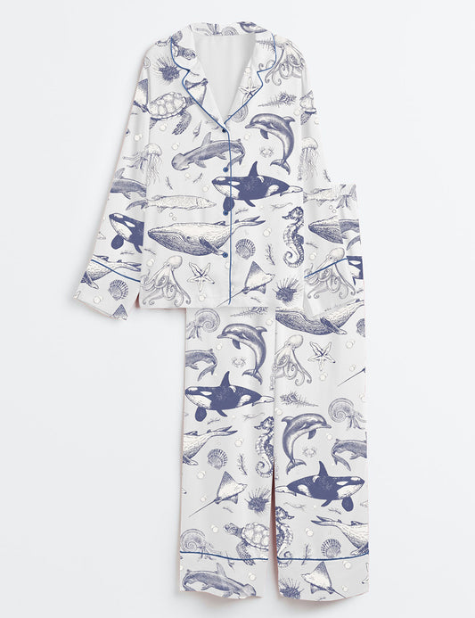 Women’s Sea Animal Ocean Nature Sealife Ocean Whale Orca Turtle Dolphin Long Sleeve Satin Pajama Set
