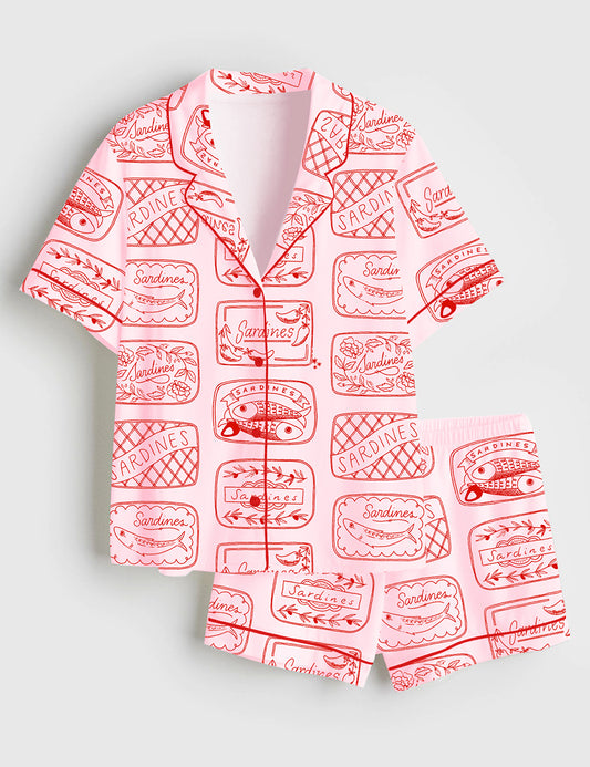 Women’s Sardine Art Print Short Sleeve Satin Pajama Set