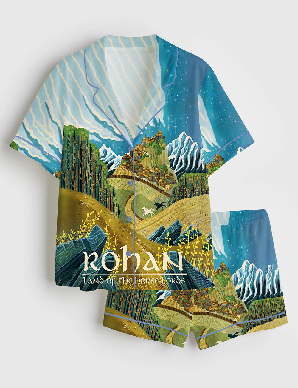 Women’s Lord Of The Rings Rohan Golden Hall Travel Short Sleeve Satin Pajama Set