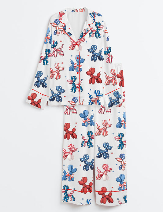 Women’s Patriotic Balloon Dog 4th Of July Animal Red White Blue Star USA Print Long Sleeve Satin Pajama Set