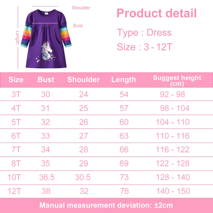 Kids Dress for Girls Autumn Winter Long Sleeve Cotton Dress Rainbow Unicorn Cartoon Print Casual Wear Children Clothes