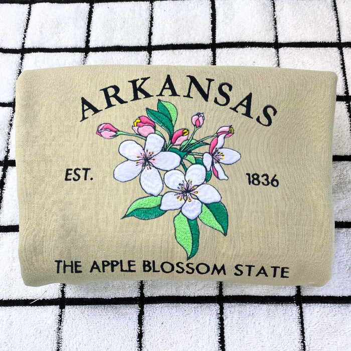 Arkansas State Sweatshirt or Hoodie, Embroidered Gift - Est. 1836 Apple Blossom Flower