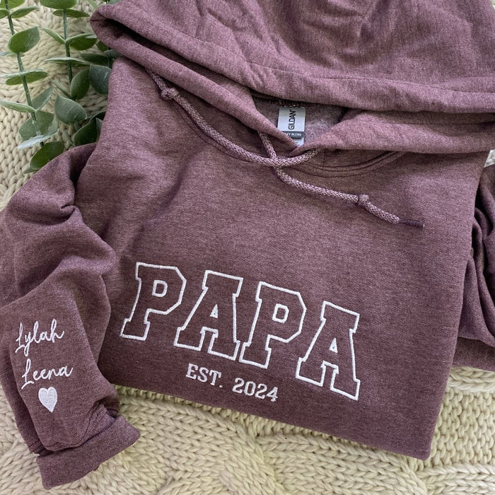 Best Papa Sweatshirt or Hoodie, Embroidered Gift with Kids Names on Sleeve