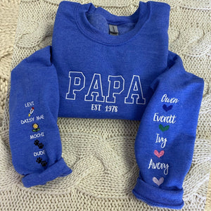 Best Papa Sweatshirt or Hoodie, Embroidered Gift with Kids Names on Sleeve