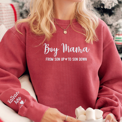 Boy Mama Sweatshirt or Hoodie with Embroidered Kids Names on Sleeve