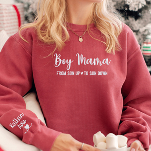 Boy Mama Sweatshirt or Hoodie with Embroidered Kids Names on Sleeve