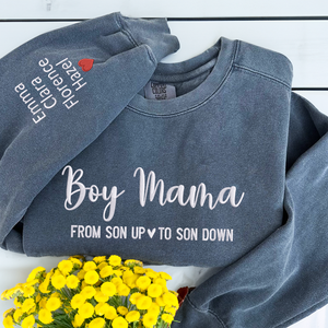 Boy Mama Sweatshirt or Hoodie with Embroidered Kids Names on Sleeve