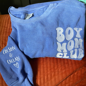 Boy Mom Club Sweatshirt or T-Shirt with Embroidered Kids Names on Sleeve