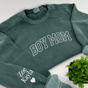 Boy Mom Sweatshirt or Hoodie with Embroidered Names on Sleeve