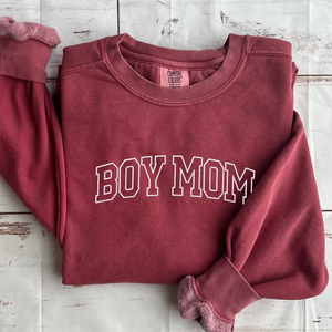 Boy Mom Sweatshirt or Hoodie with Embroidered Names on Sleeve