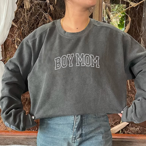 Boy Mom Sweatshirt or Hoodie with Embroidered Names on Sleeve