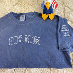 Boy Mom Sweatshirt or Hoodie with Embroidered Names on Sleeve