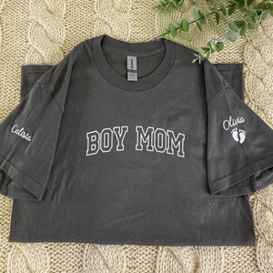 Boy Mom Sweatshirt or Hoodie with Embroidered Names on Sleeve