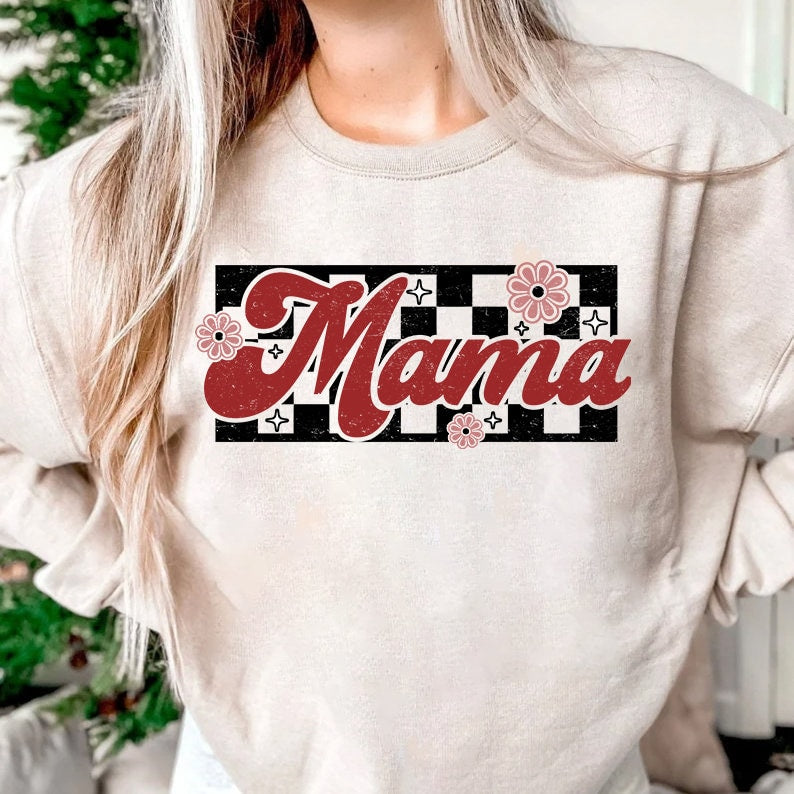 Checkered Mama Shirt, Retro Mama T-Shirt, Boho Mama Sweatshirt, Pregnancy Announcement Hoodie, Motherhood Shirt, Aesthetic Shirt,Mothers day