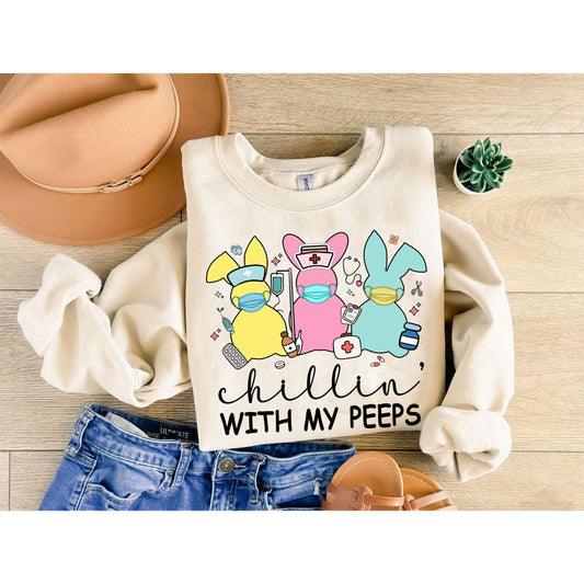Chillin With My Peeps Shirt, Cute Nurse Nursing Easter Shirt, Funny Nursing Bunnies, Easter Gift Shirt For Nurse, lpn lvn ICU ED ER