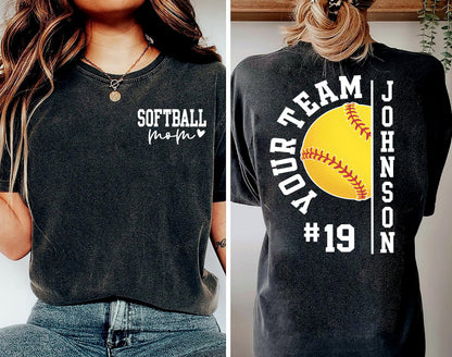 comfort colors Personalized Softball Mom Shirt, Custom Mama Softball Tee,Child Name & Number Softball Game Season Shirt,Game day Sports Mama