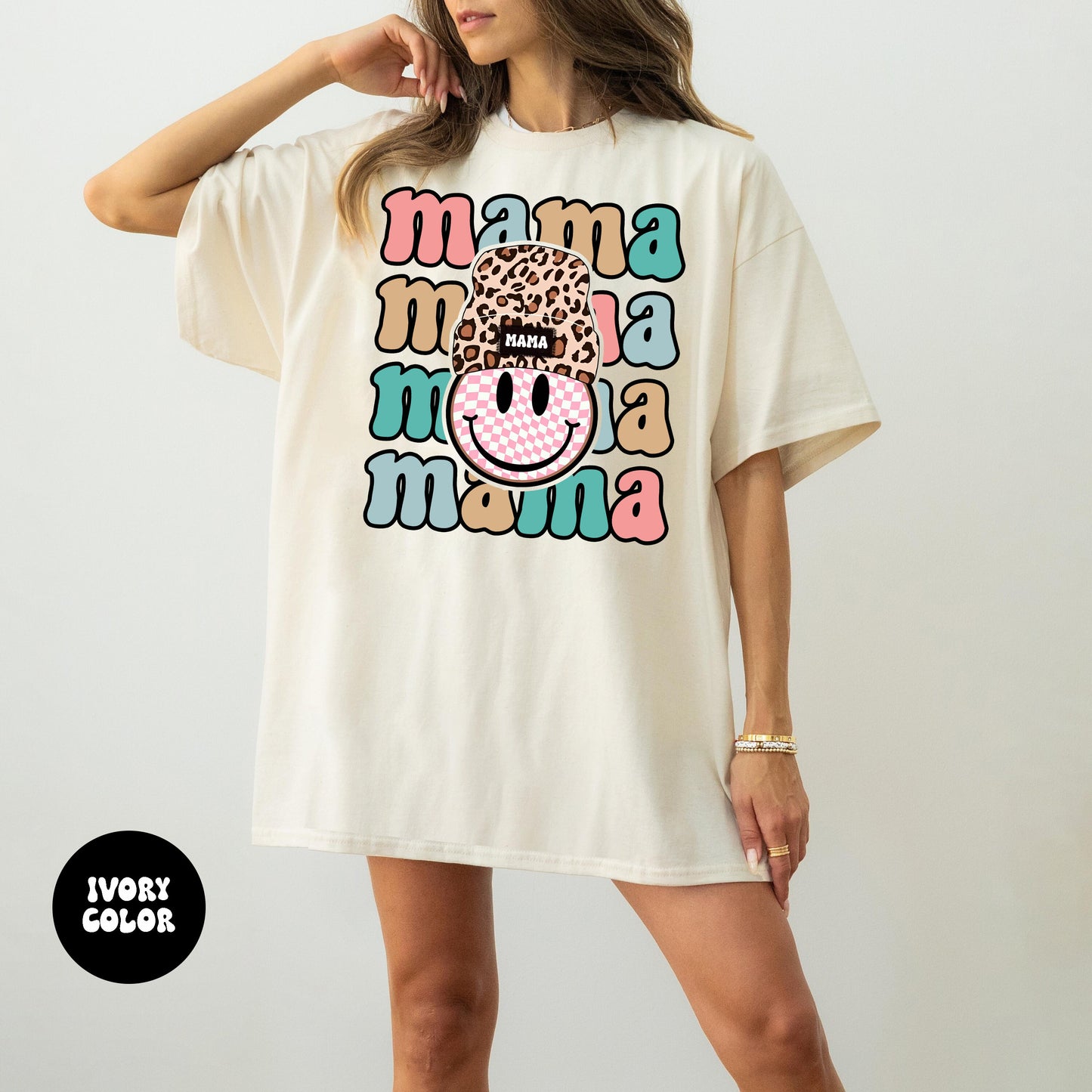 Komfortfarver Retro Mama-skjorte, Smiley Face Mama-skjorte, Mors Dag-skjorte til mor, MamaTshirt, Mama-T-shirt, Graviditetsannonce-skjorte