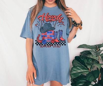Comfort Colors Howdy American, Western Shirt, Cute Shirt, Western Graphic, for Women, Red White & Blue, 4th of July Shirt, Country Music