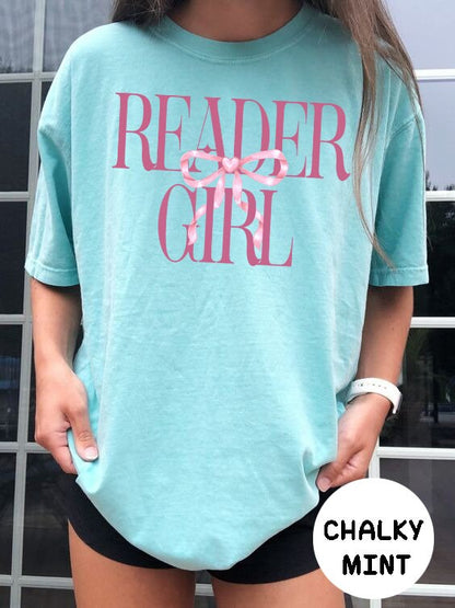 Comfort Colors Reader Girl Shirt,Romance Book Club Shirt Pink Bow Shirt For Book Lover Bookish Coquette Crewneck Shirt Dainty Bow Ribbon