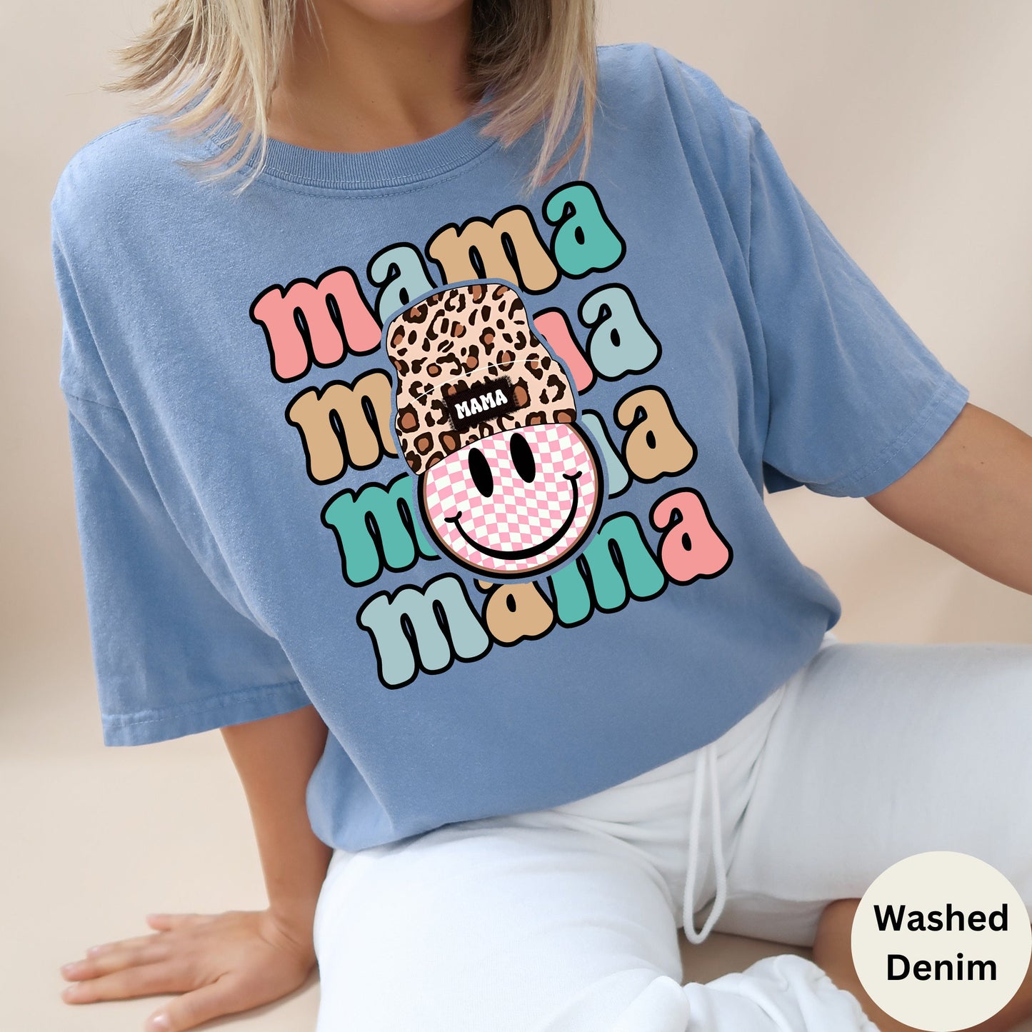 Komfortfarver Retro Mama-skjorte, Smiley Face Mama-skjorte, Mors Dag-skjorte til mor, MamaTshirt, Mama-T-shirt, Graviditetsannonce-skjorte