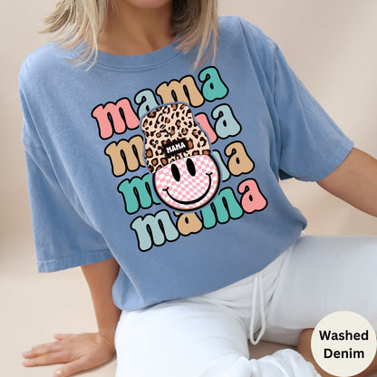 Komfortfarver Retro Mama-skjorte, Smiley Face Mama-skjorte, Mors Dag-skjorte til mor, MamaTshirt, Mama-T-shirt, Graviditetsannonce-skjorte