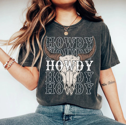 Comfort Colors Howdy T-Shirt Western Graphic Print Tee Oversized Country Concert shirt Dress Vintage Cowboy Bull Skull Nashville Rodeo gift