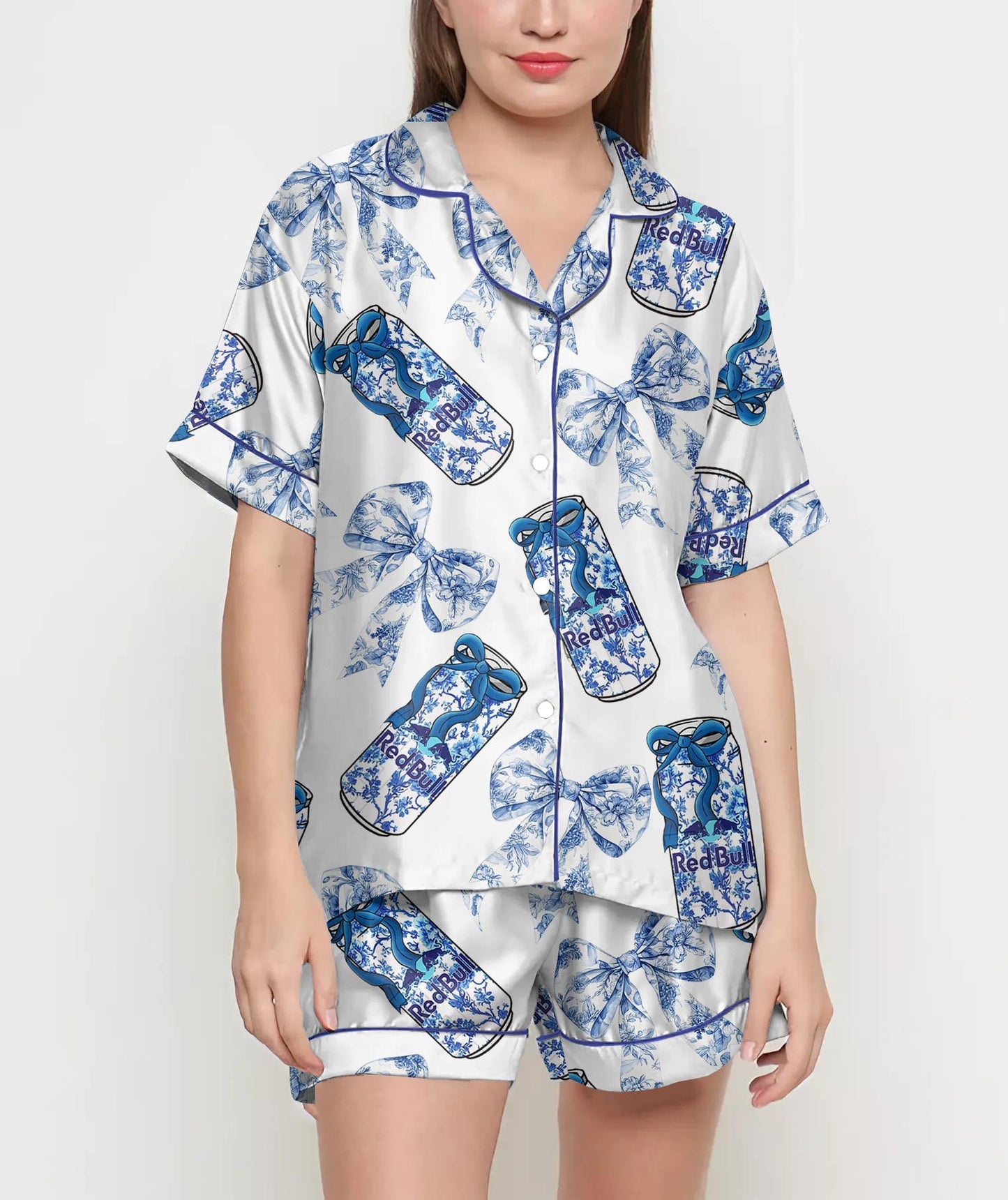 Coquette Bull Pajamas Satin Set, Energy Drink, Blue Floral Bow Shirt,Mother Gift, Birthday Gift,Pjs For Women, Bridesmaid Gifts,Bachelorette
